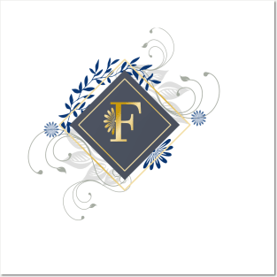 F, blue and gold initial monogram. Posters and Art